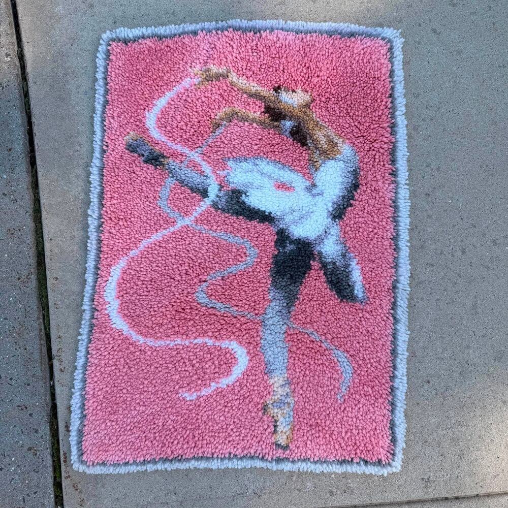 Vintage Pink Ballet Dancer Latch Hook Rug Completed Yarn Art Tapestry 34x24